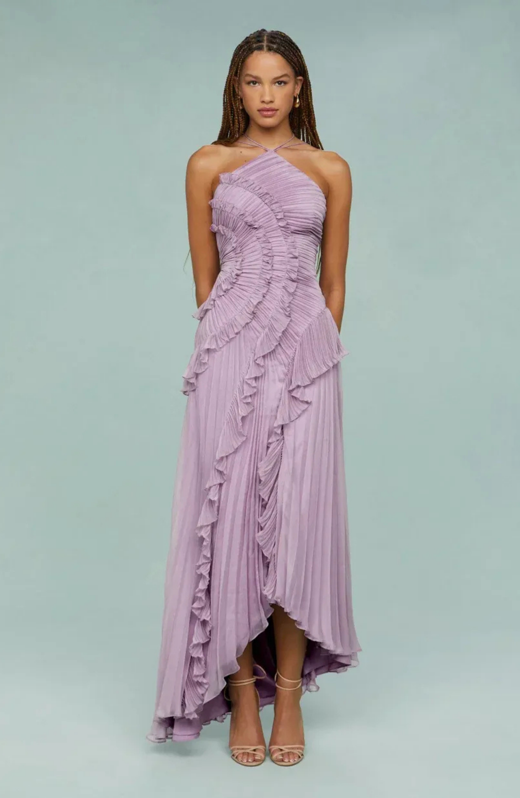 Pleated Frill Halter Neck Maxi Dress for Women