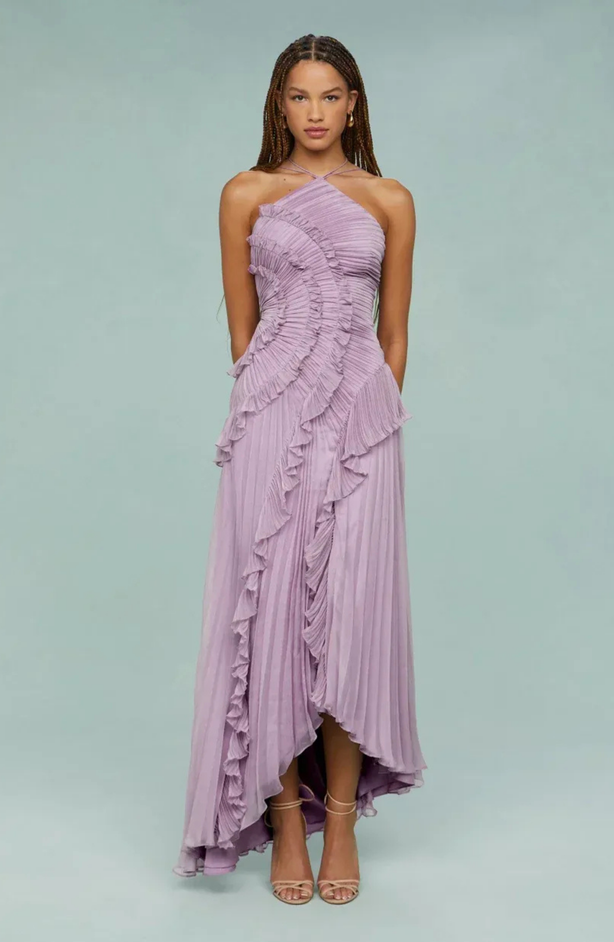 Pleated Frill Halter Neck Maxi Dress for Women