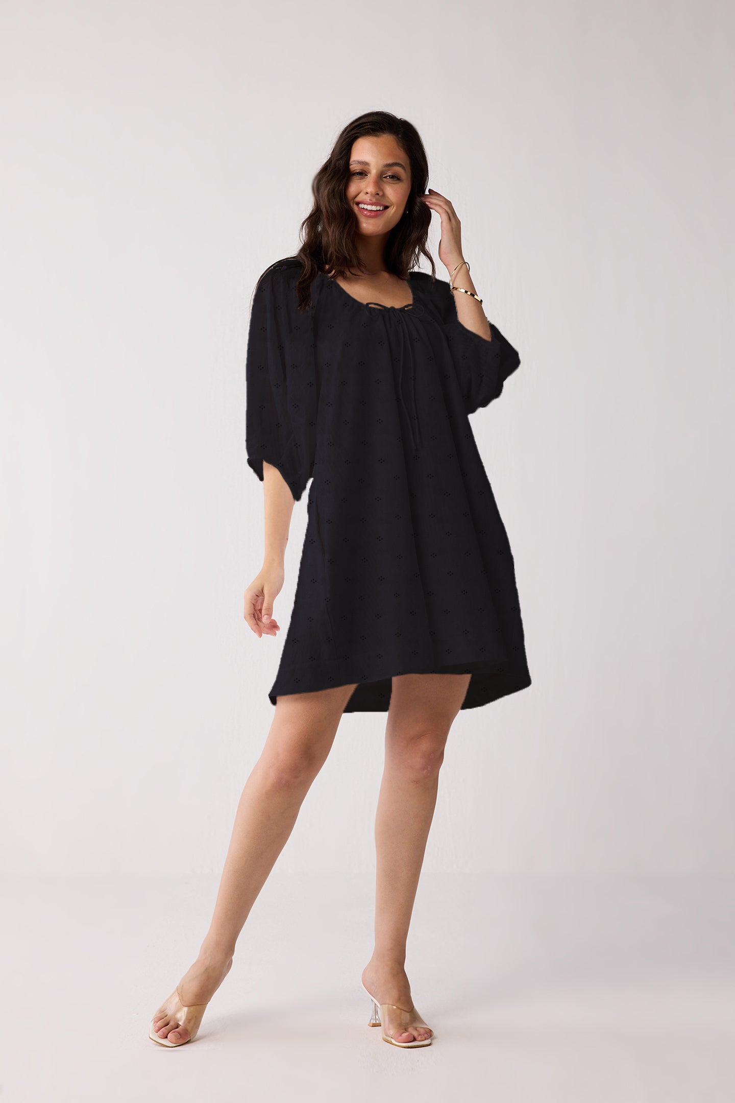 Puff Sleeved Dress with Drawstring Neckline in Black for Women