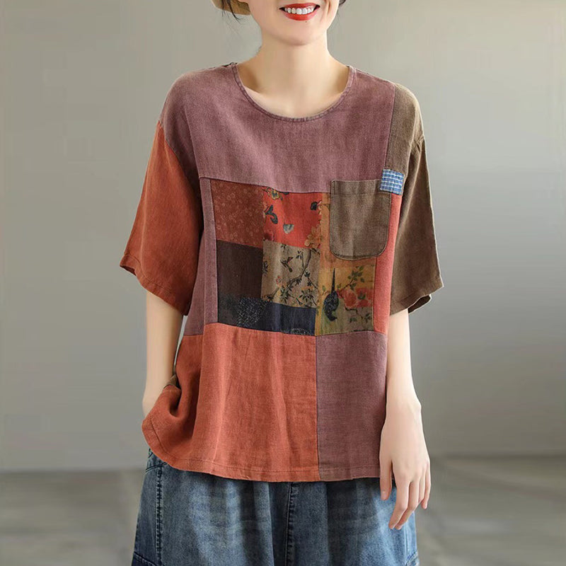 Colour-Block Short Sleeve Linen T-Shirt for Women