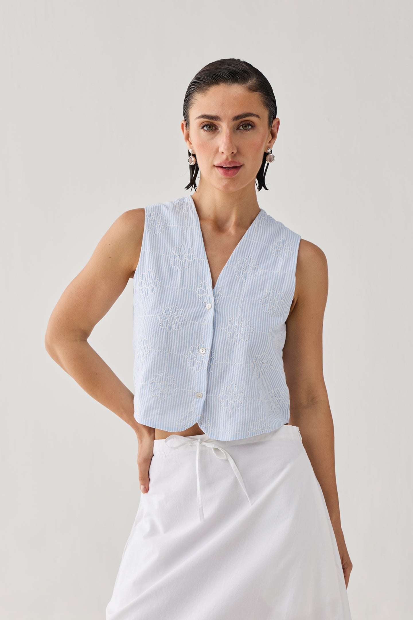 Embroidered Sleeveless Vest Top in Blue Stripe Waistcoat for Women