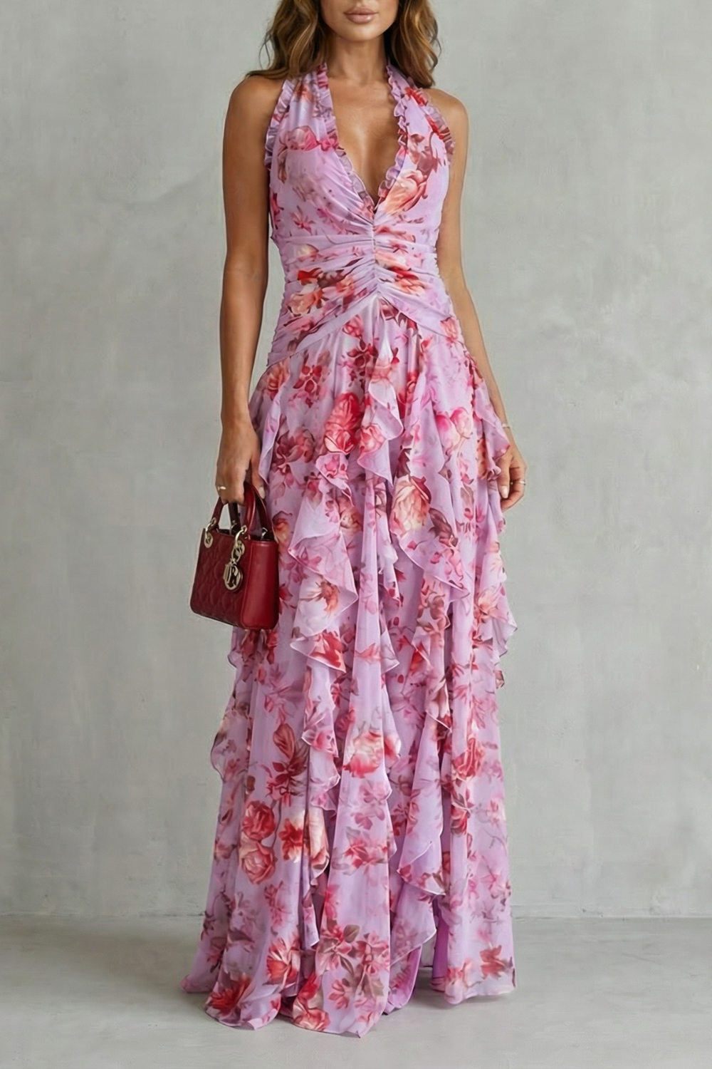 Belladina Romantic Rose Cascade Halter Maxi Dress for Women