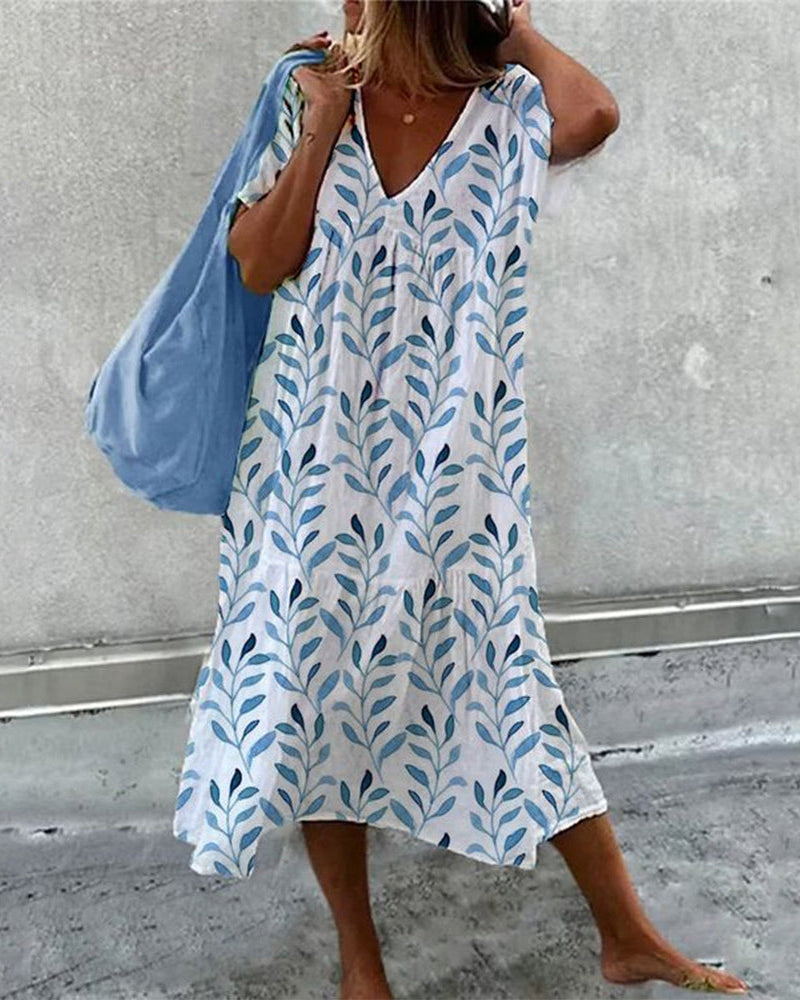 Leaf Print Flowy Midi Dress
