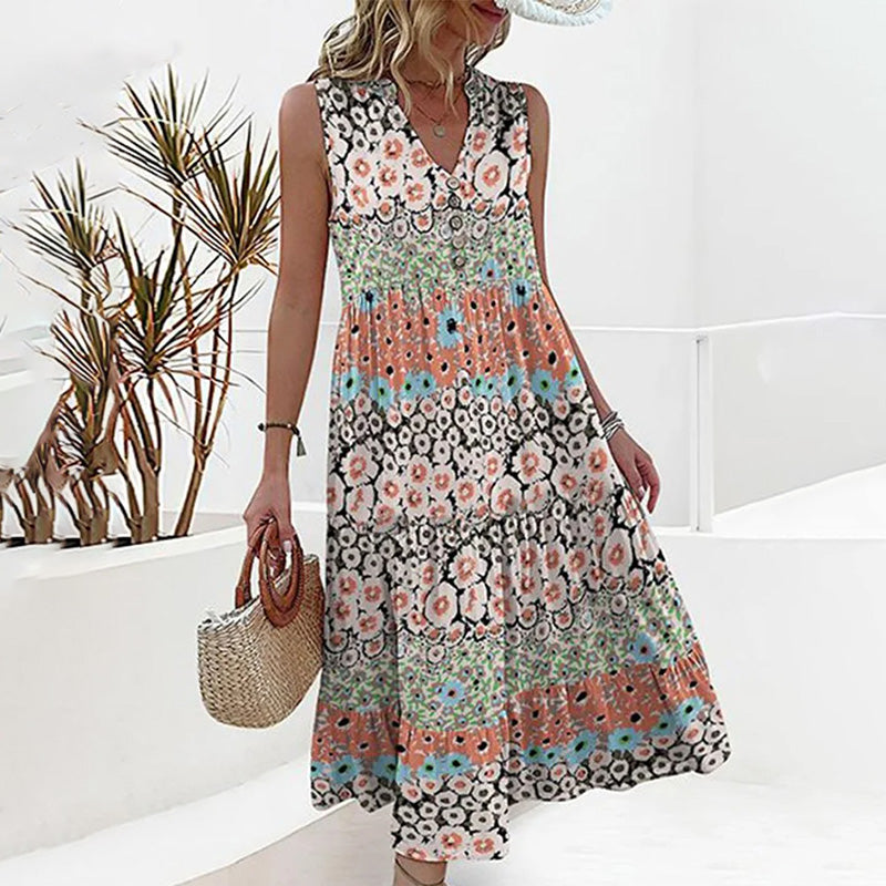 Stylish Floral Print V-Neck Sleeveless Summer Dress