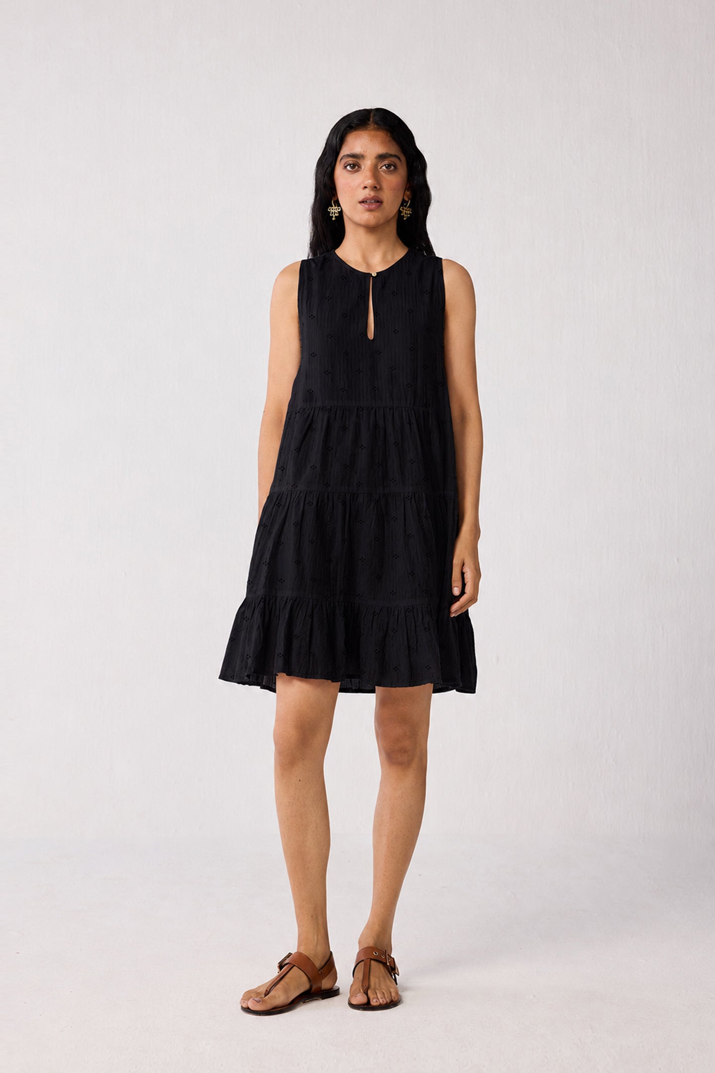 Embroidered Everyday Sleeveless Short Tiered Dress in Black for Women