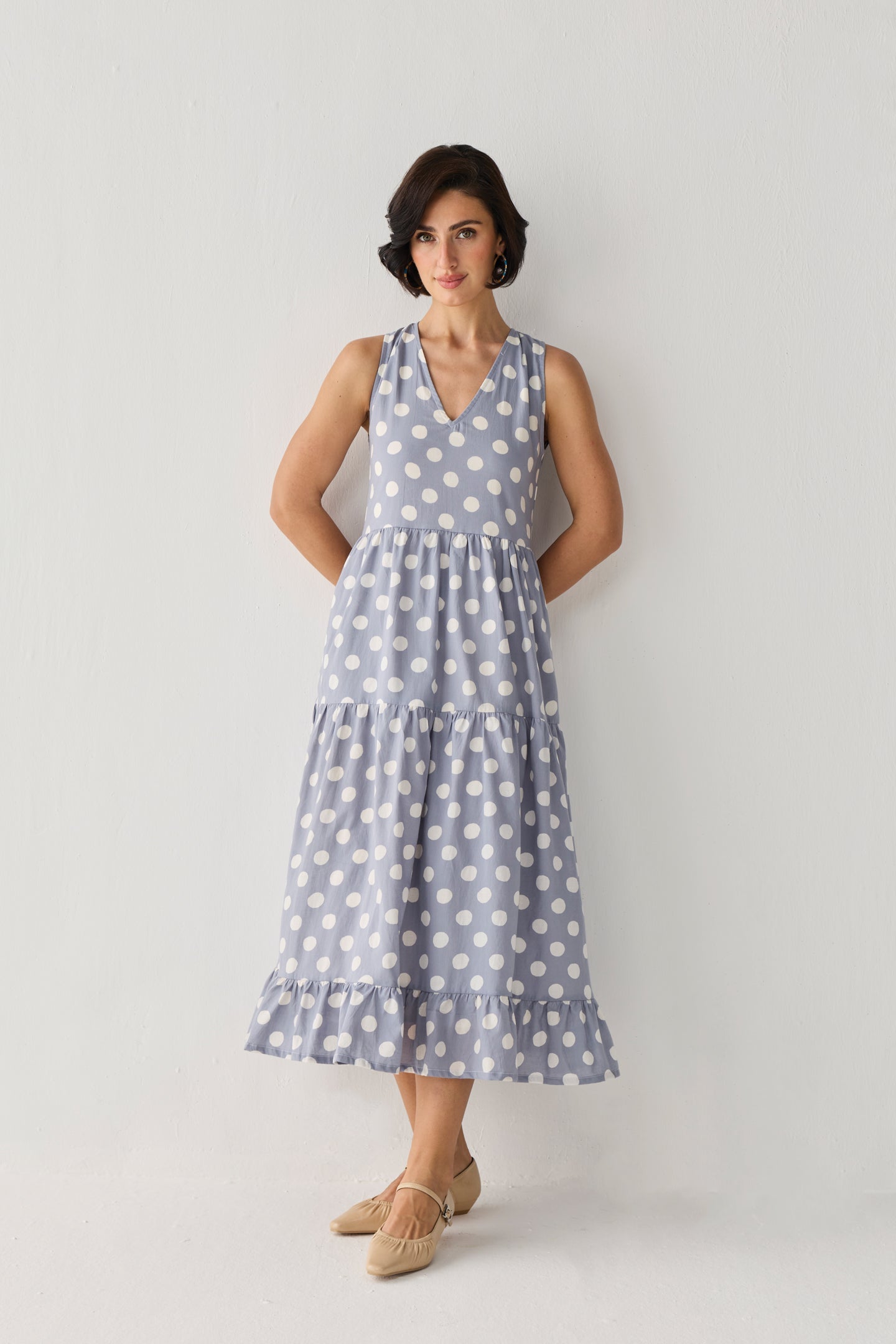 Tiered Midi Dress in Blue Polka for Women