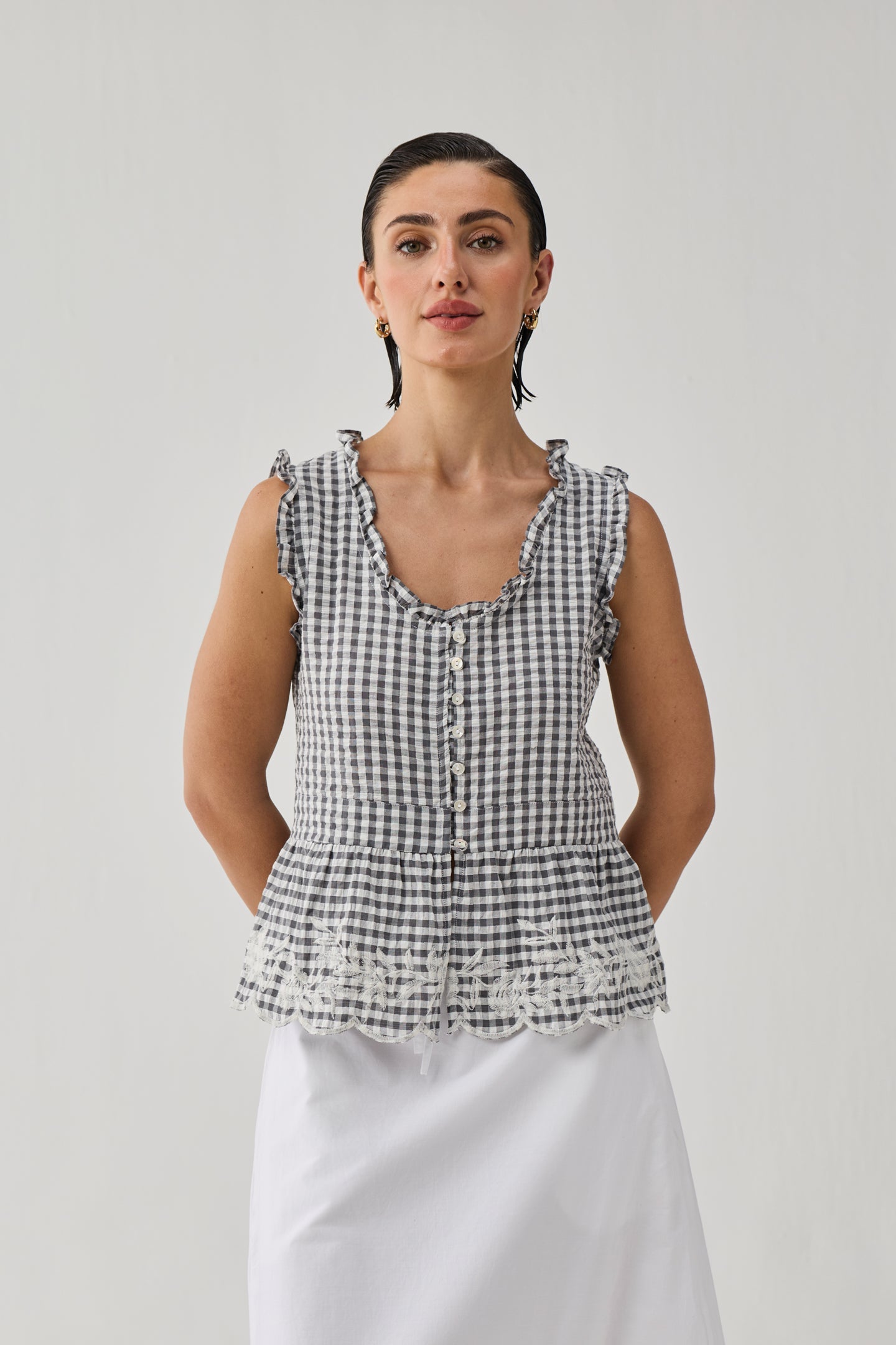 Embroidered Peplum Top in Grey Check for Women