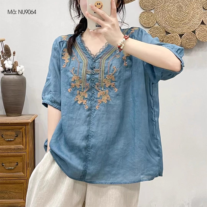 Lace V-Neck Embroidered Linen Shirt for Women