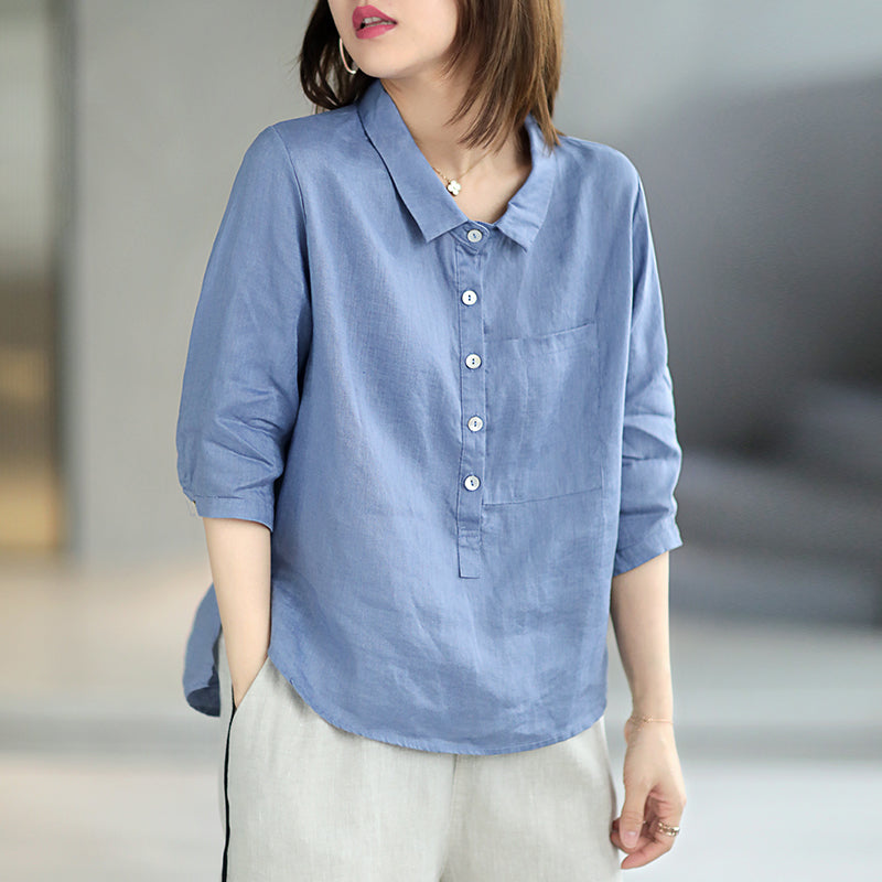 Stand Collar Short Sleeve Linen Shirt for Women - Blue