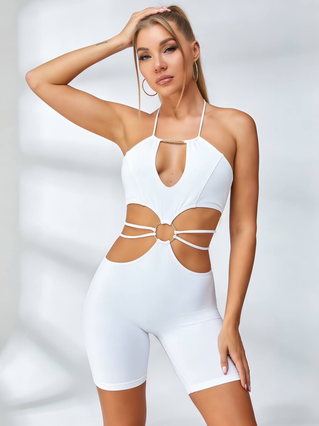 White Hollow-Out Backless Jumpsuit for Women — Quick-Dry - gallery