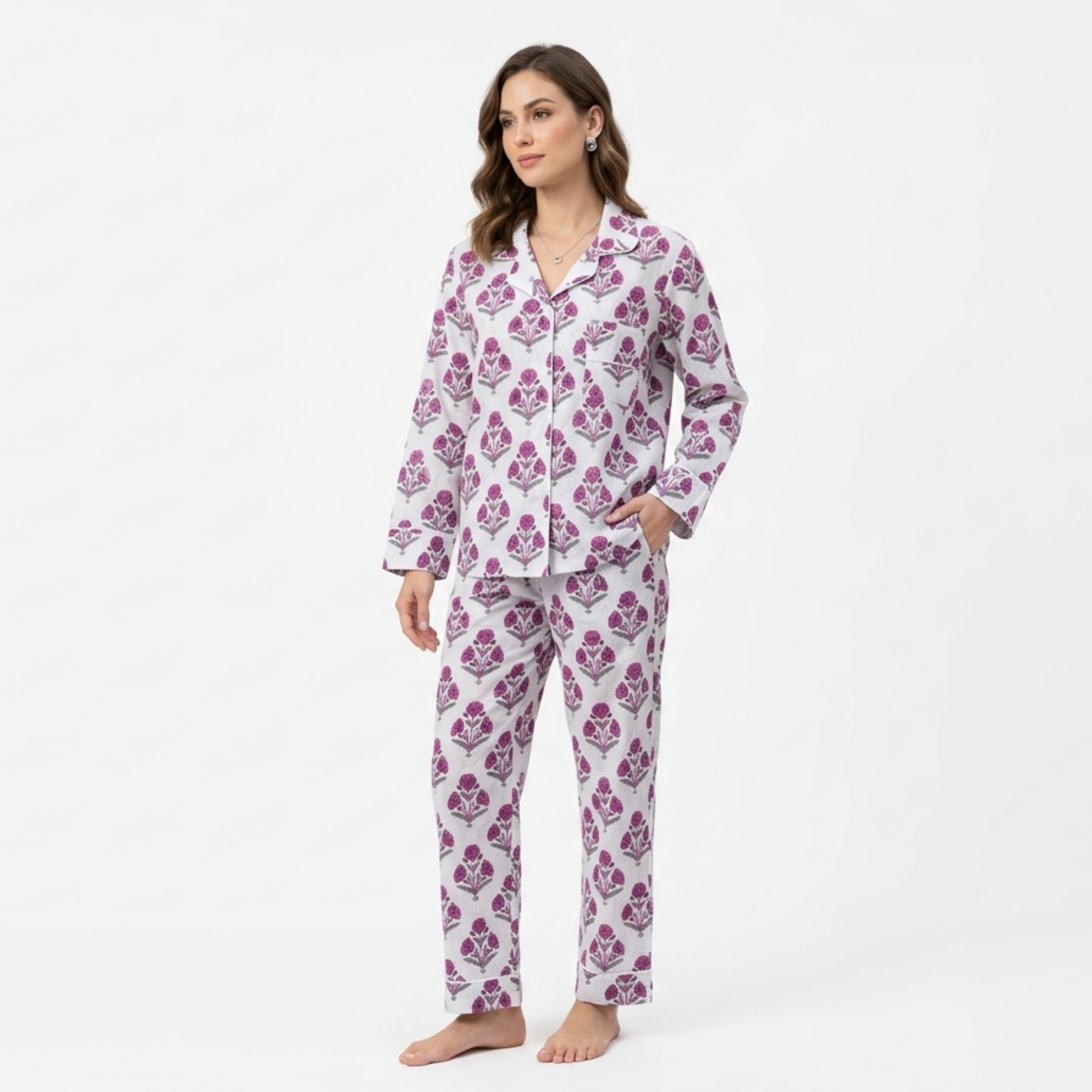 Red Mini Floral Print Cotton Pajama Set for Women