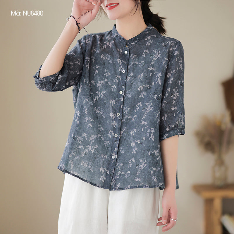 Retro Print Short Sleeve Linen Shirt for Women