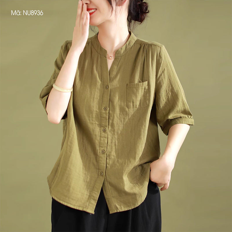 V-Neck Short Sleeve Linen Shirt for Women
