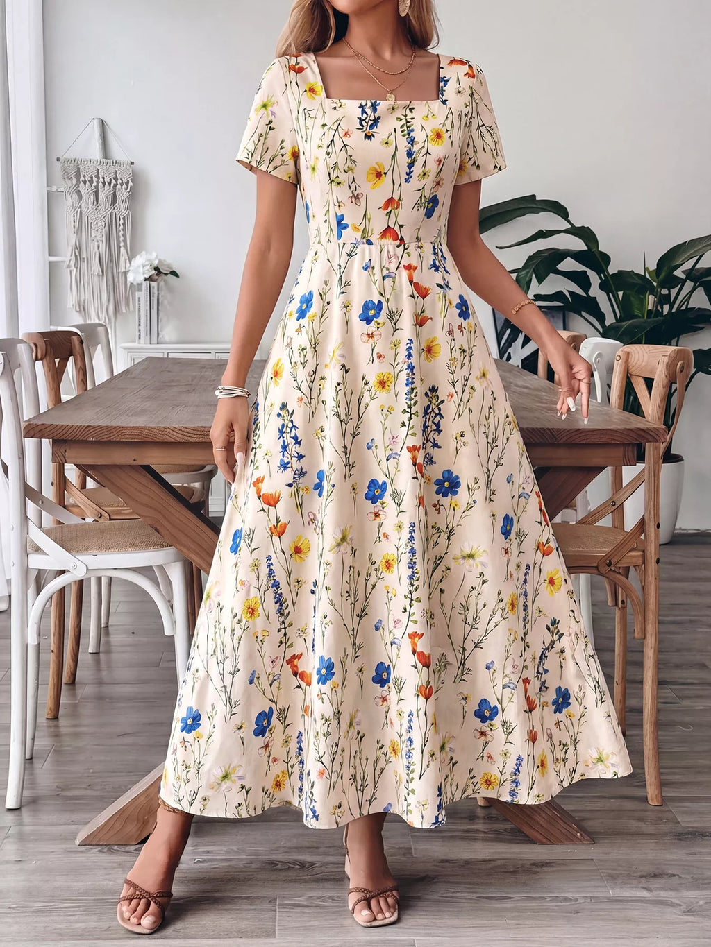 Floral Square Neck Casual Maxi Dress for Women — Front Zip - gallery