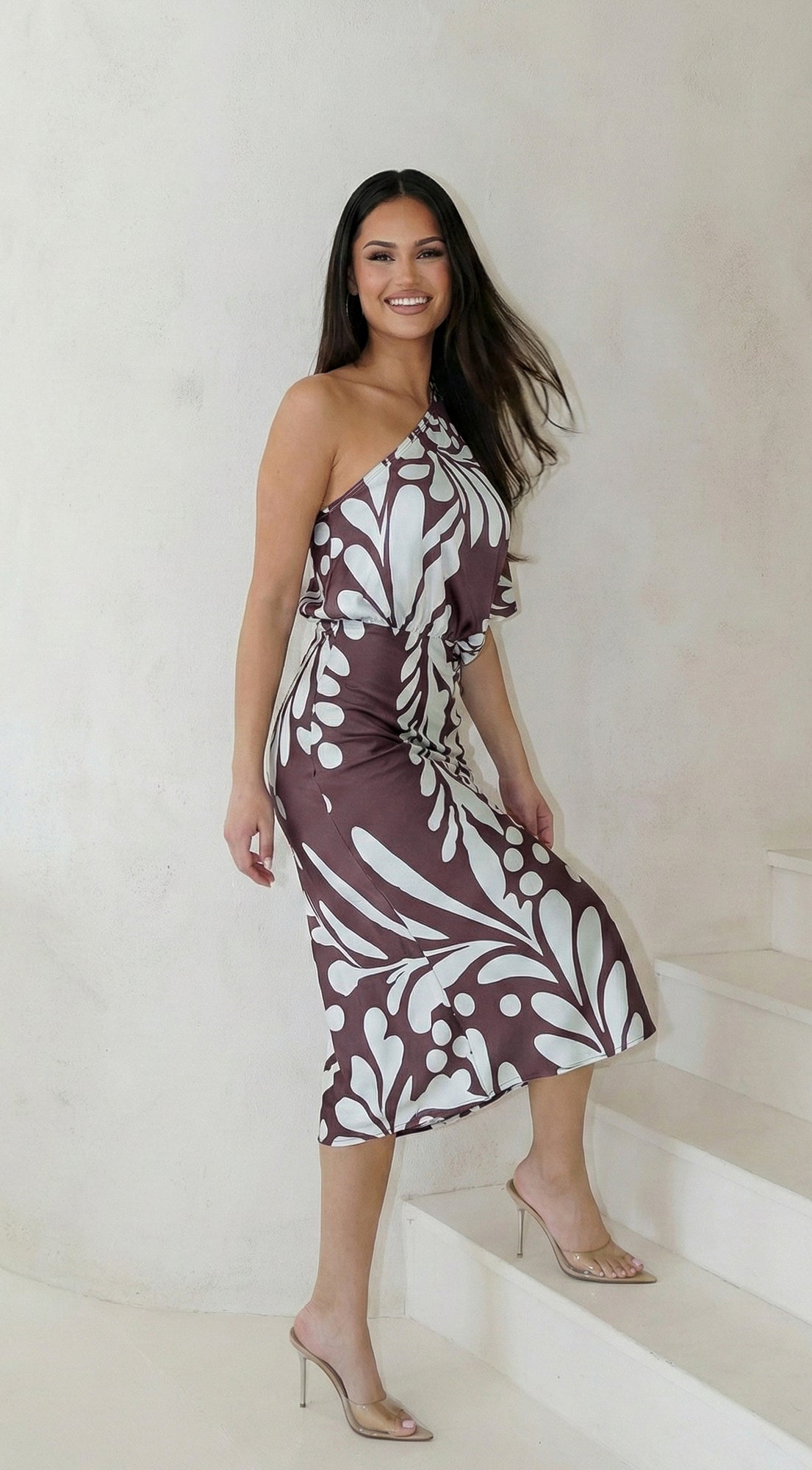 Rhodes One Shoulder Satin Midi Dress - Brown Blue — gallery
