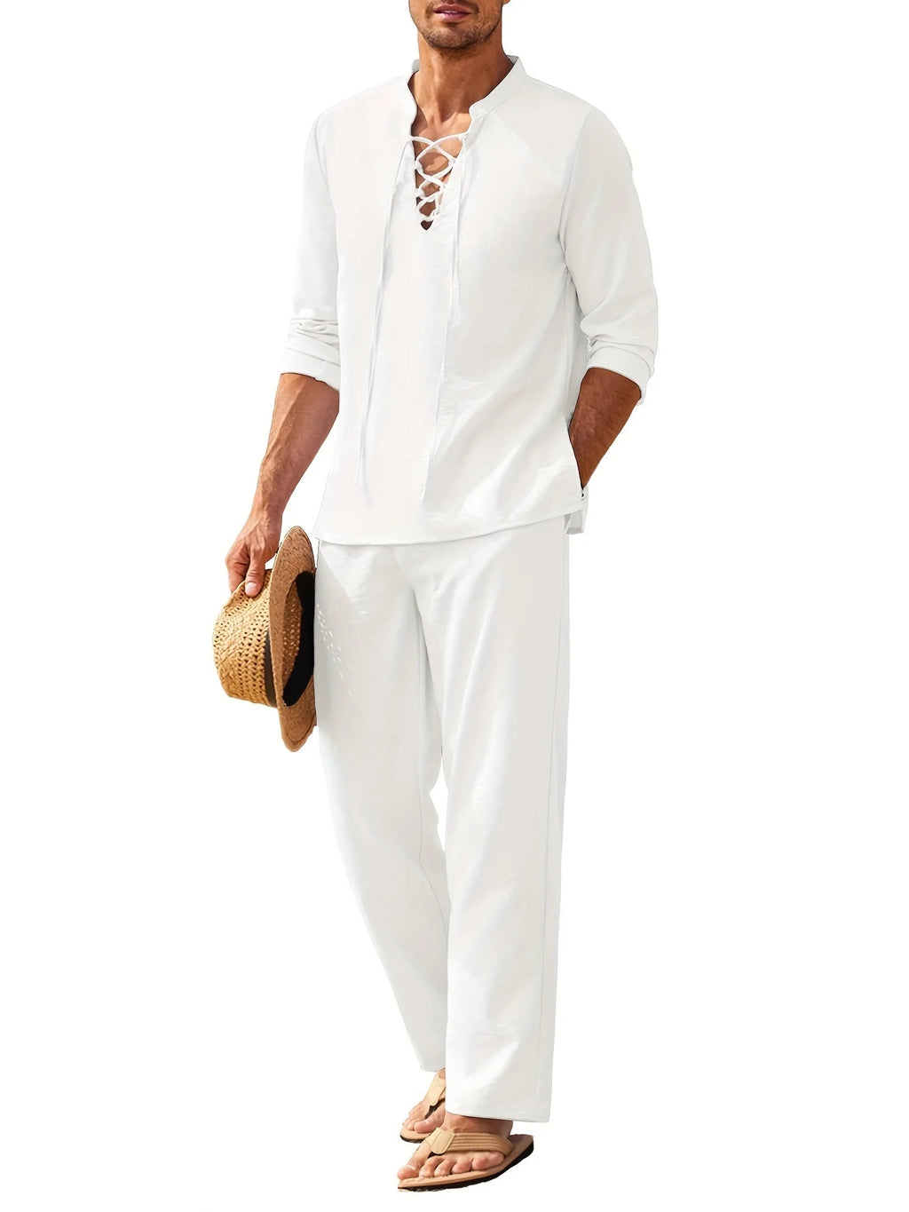 Breathable Summer Henley Shirt and Trousers Set for Men