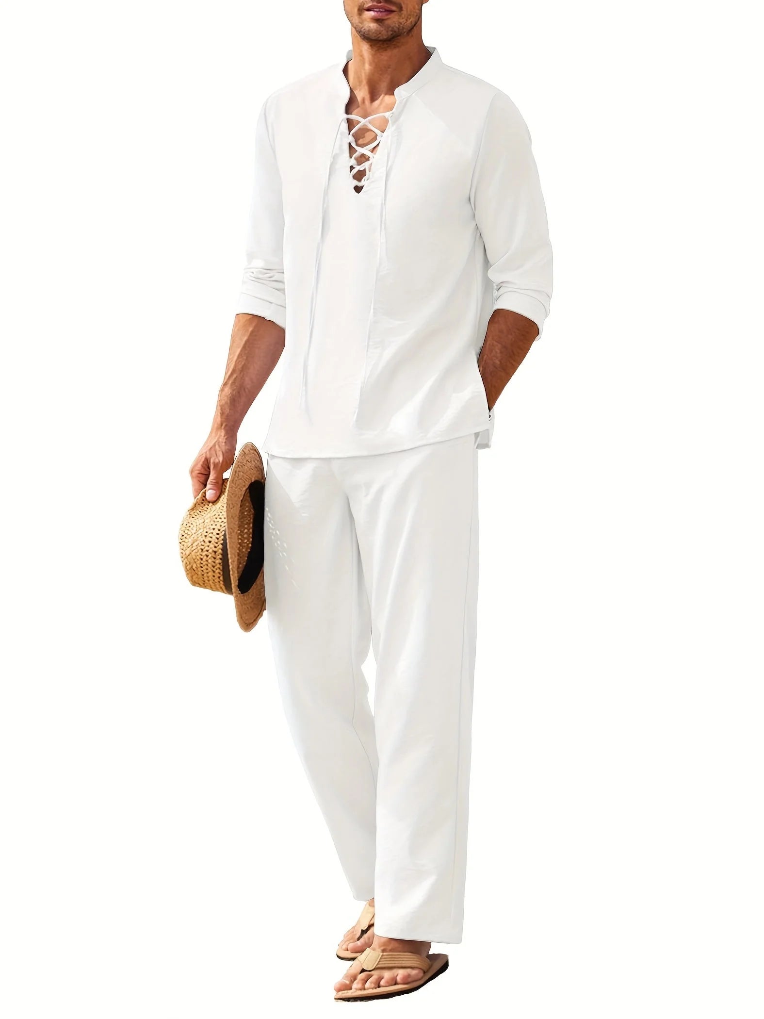 Breathable Summer Henley Shirt and Trousers Set for Men