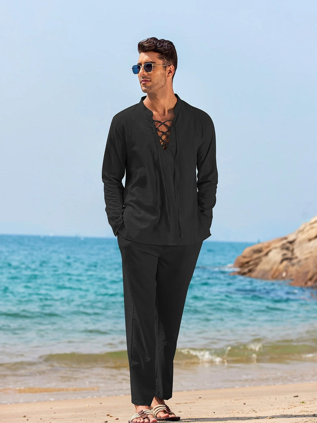 Breathable Summer Henley Shirt and Trousers Set for Men - gallery