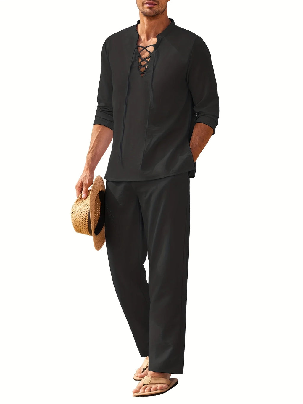 Breathable Summer Henley Shirt and Trousers Set for Men - gallery