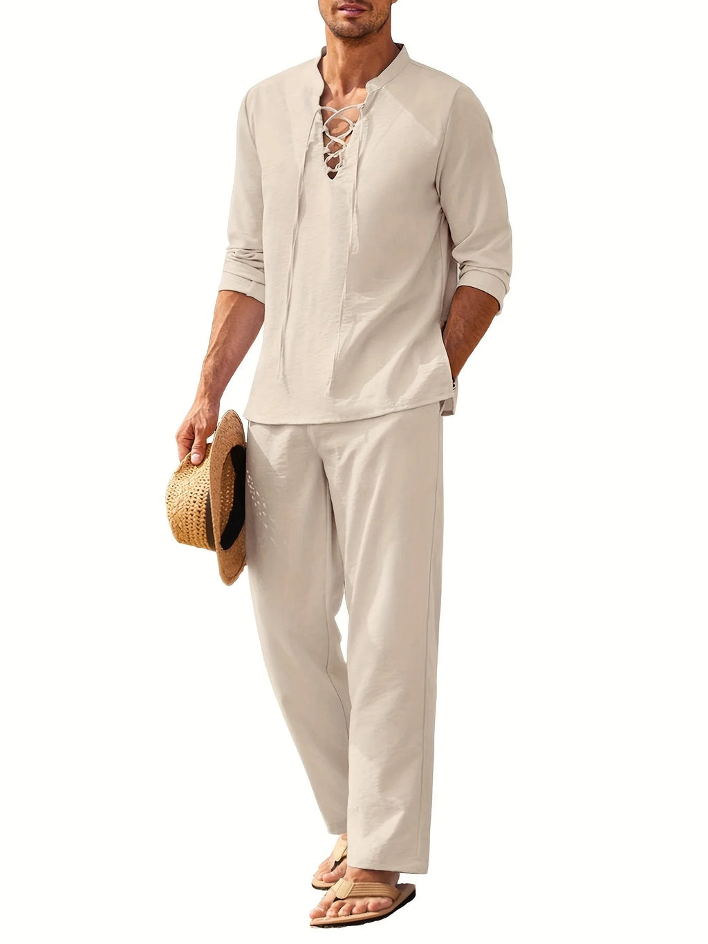 Breathable Summer Henley Shirt and Trousers Set for Men - gallery