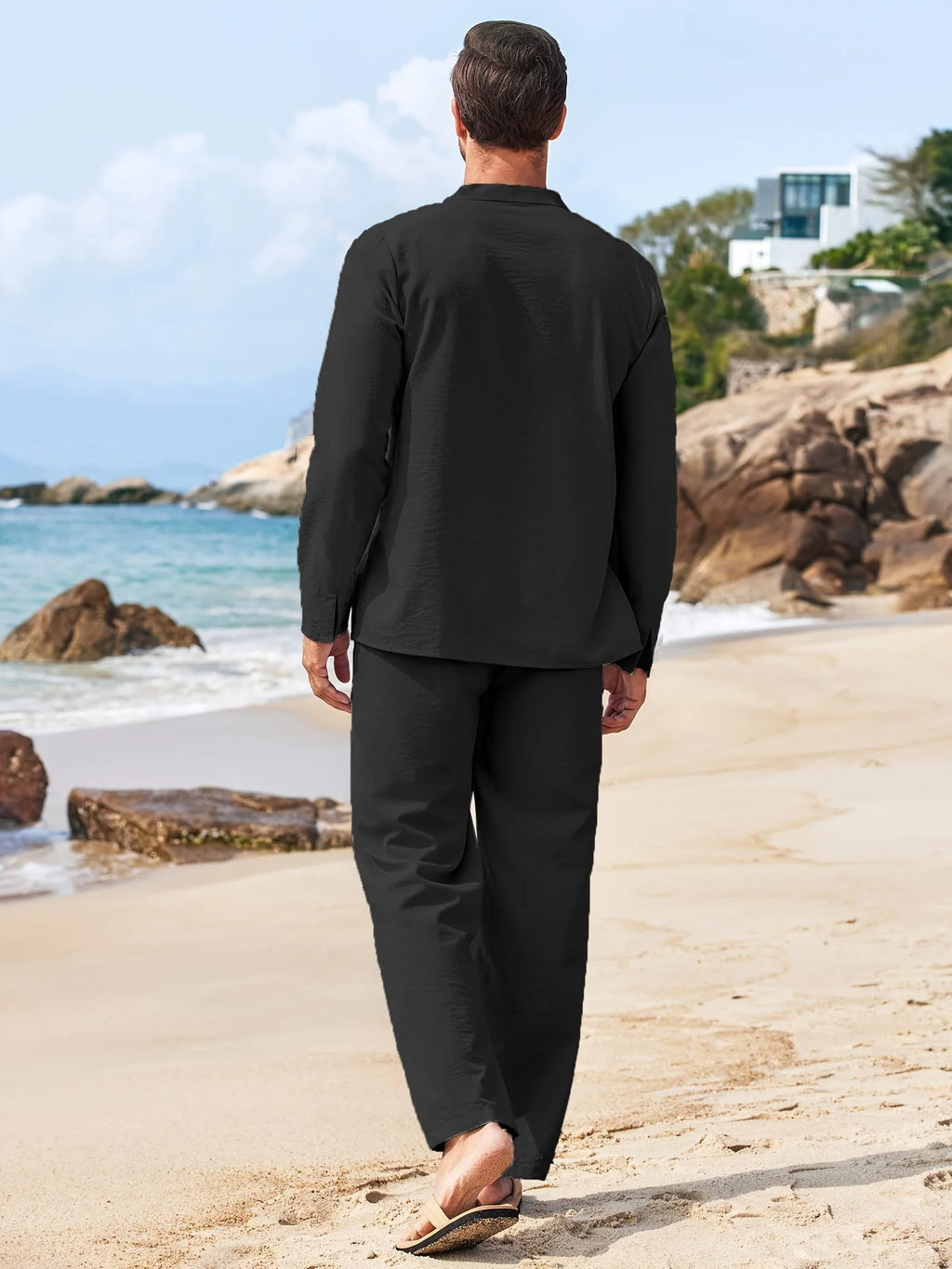 Breathable Summer Henley Shirt and Trousers Set for Men - gallery