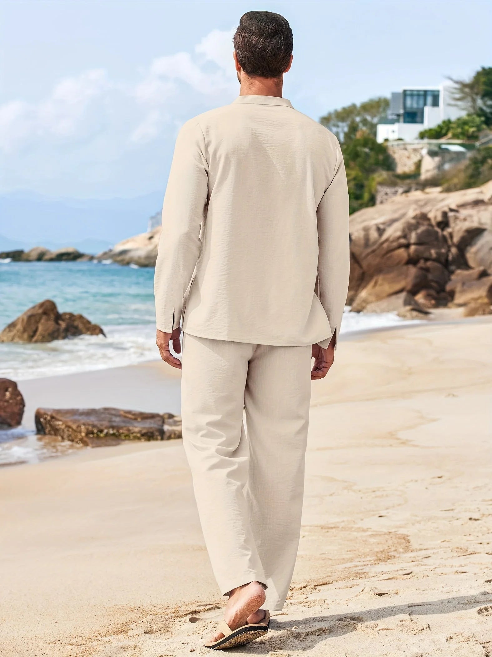 Breathable Summer Henley Shirt and Trousers Set for Men - gallery