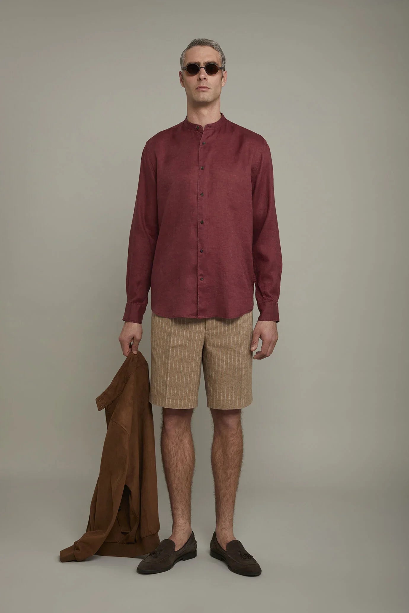 Korean Collar Pure Linen Comfort Shirt for Men — BORDEAUX