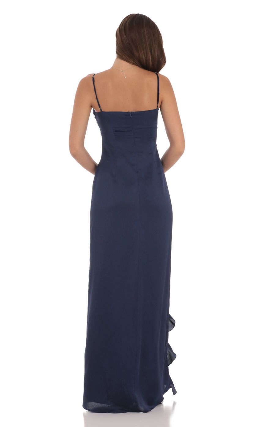 Ruffle V-Neck Chiffon Maxi Dress in Navy for Women - detail