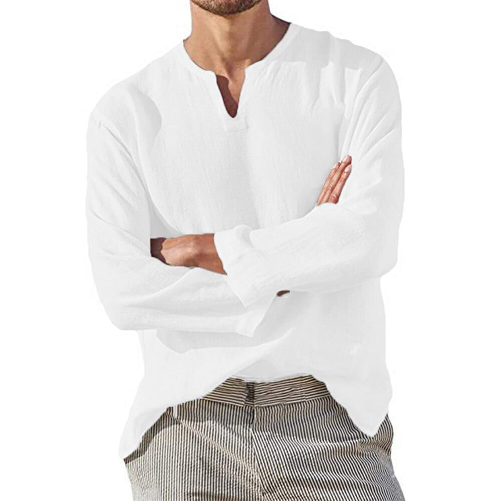Cotton Linen V-Neck Long Sleeve Shirt for Men