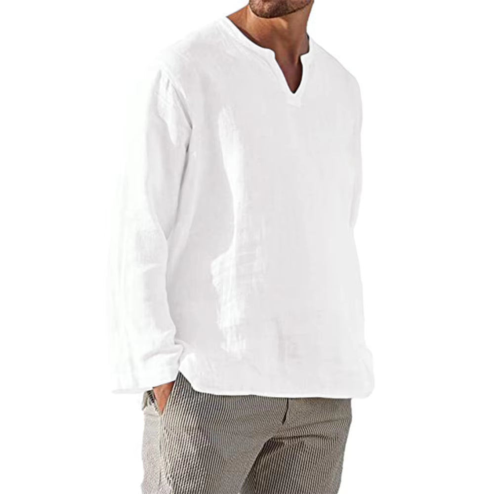 Cotton Linen V-Neck Long Sleeve Shirt for Men - gallery