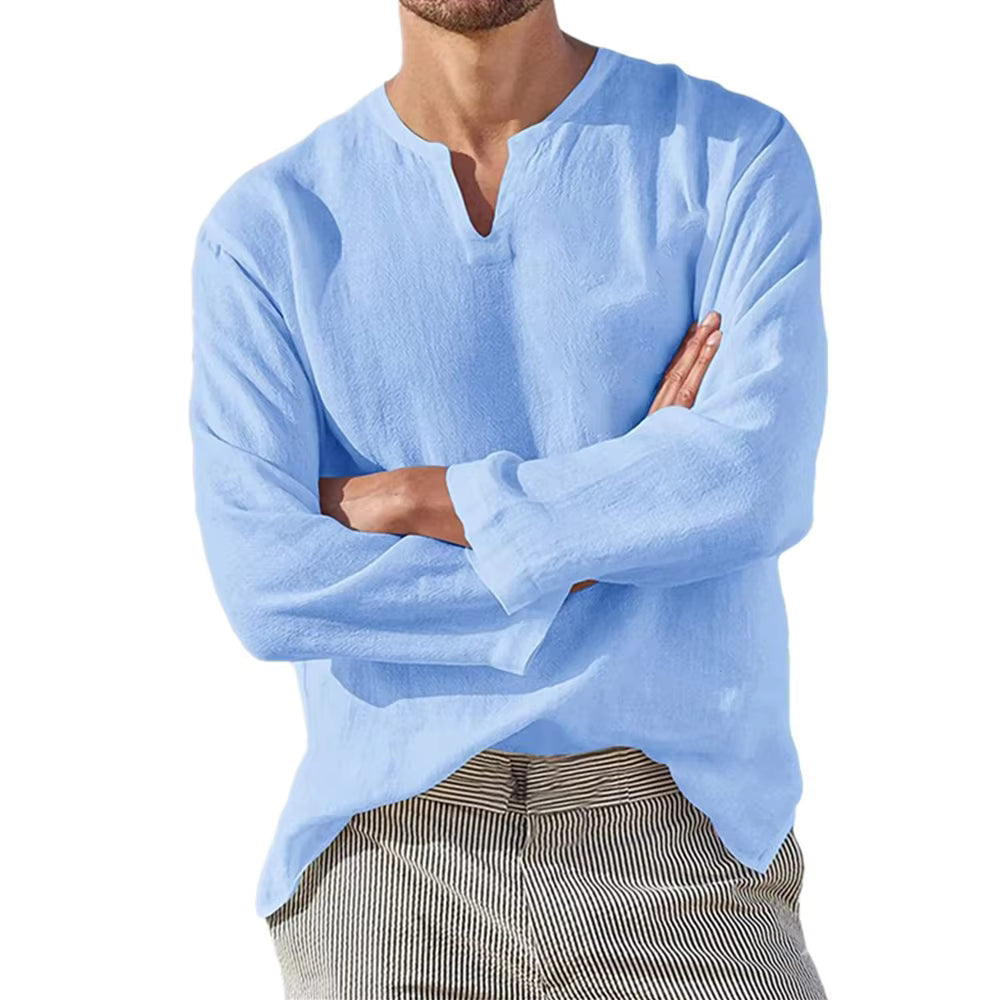 Cotton Linen V-Neck Long Sleeve Shirt for Men - gallery