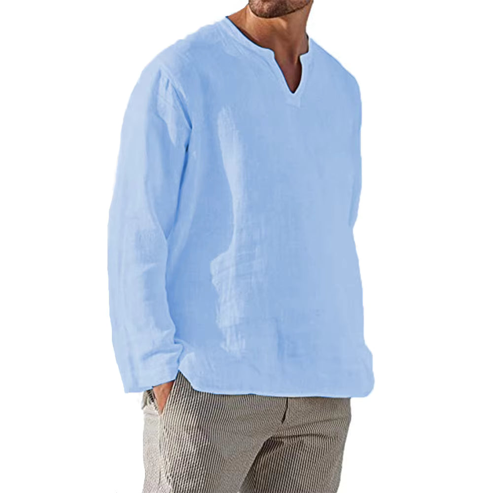 Cotton Linen V-Neck Long Sleeve Shirt for Men - gallery