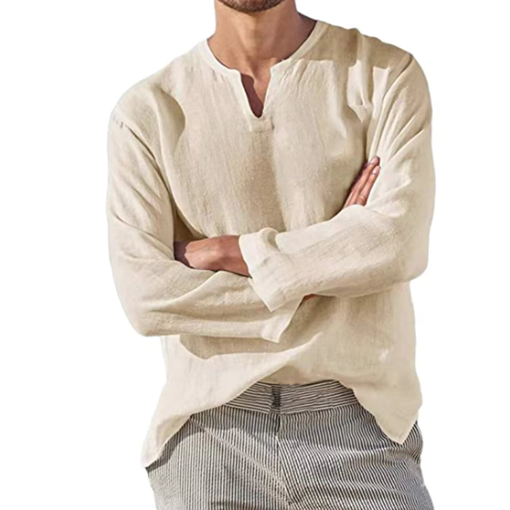 Cotton Linen V-Neck Long Sleeve Shirt for Men - gallery