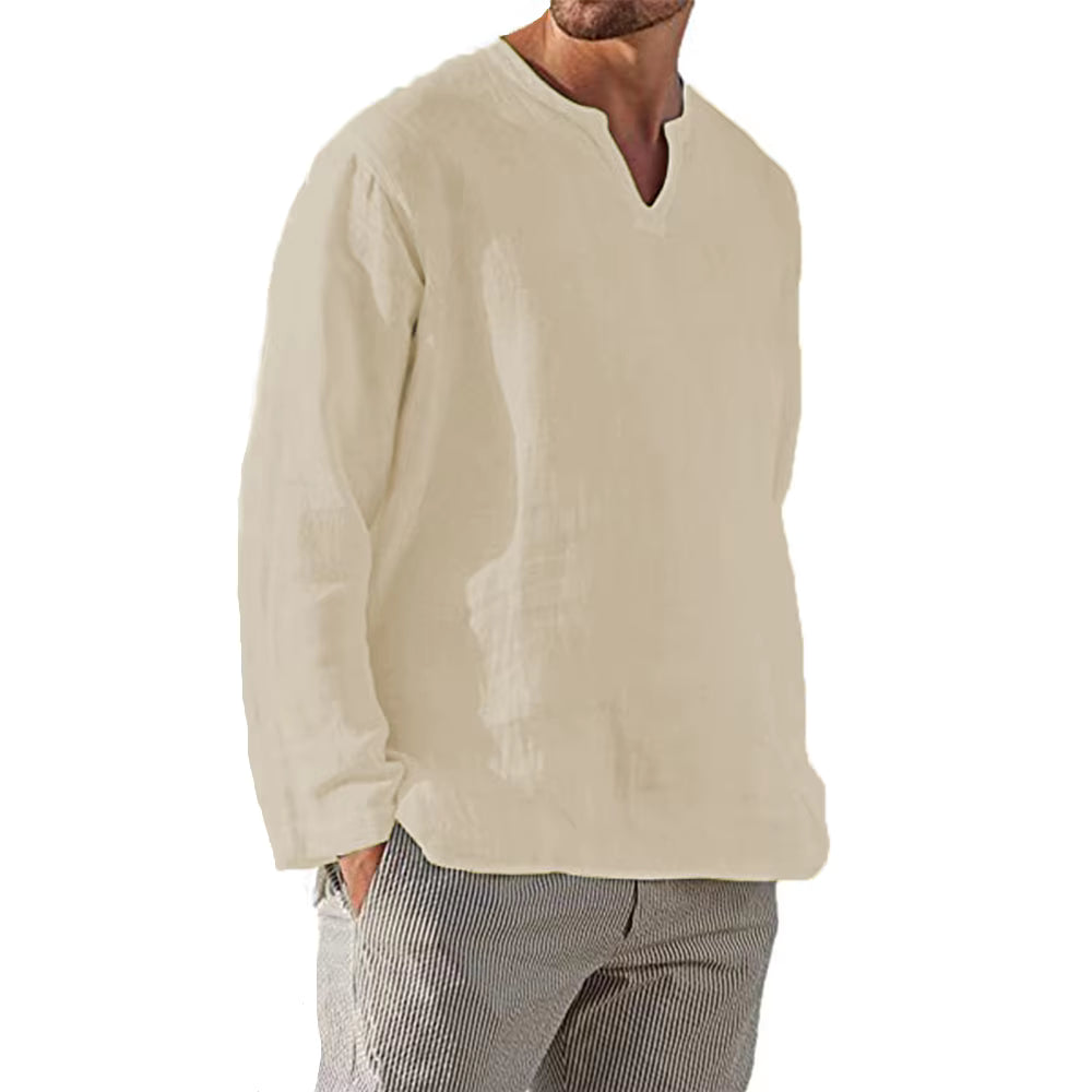 Cotton Linen V-Neck Long Sleeve Shirt for Men - gallery
