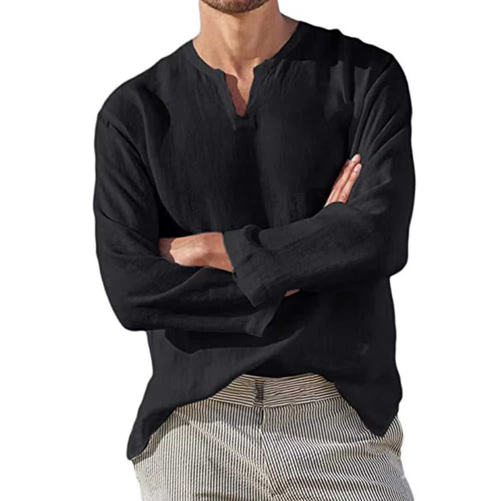 Cotton Linen V-Neck Long Sleeve Shirt for Men - gallery