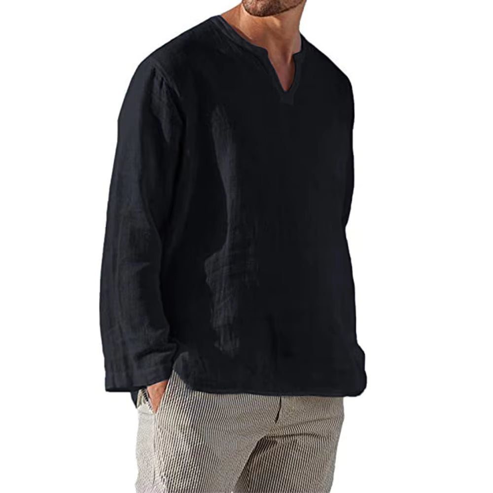 Cotton Linen V-Neck Long Sleeve Shirt for Men - gallery