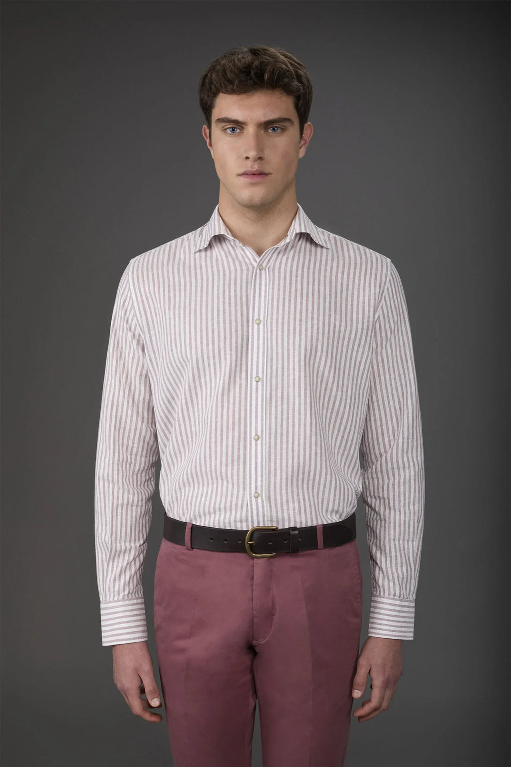 French Collar Striped Washed Linen Cotton Shirt for Men