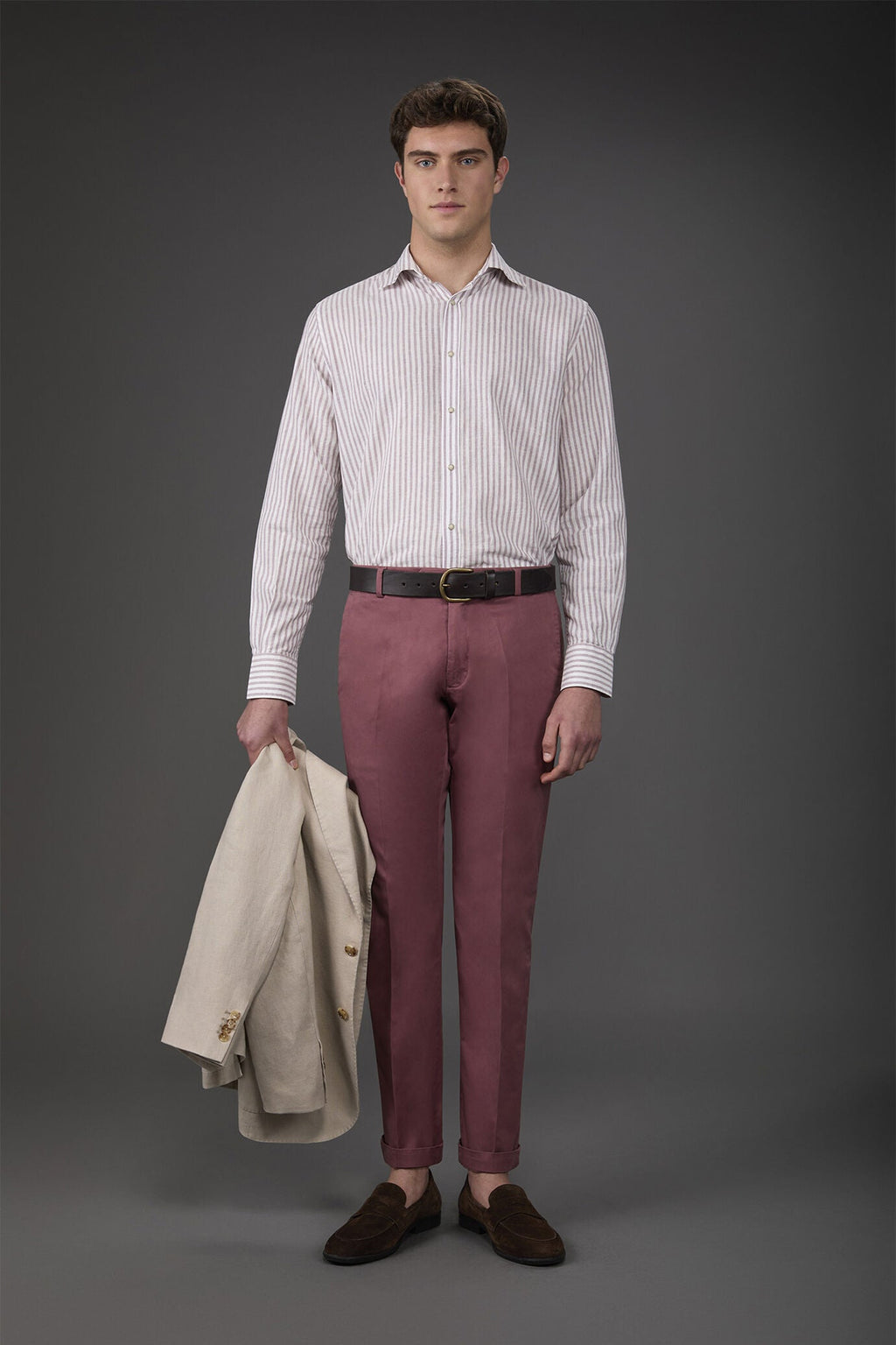 French Collar Striped Washed Linen Cotton Shirt for Men — gallery