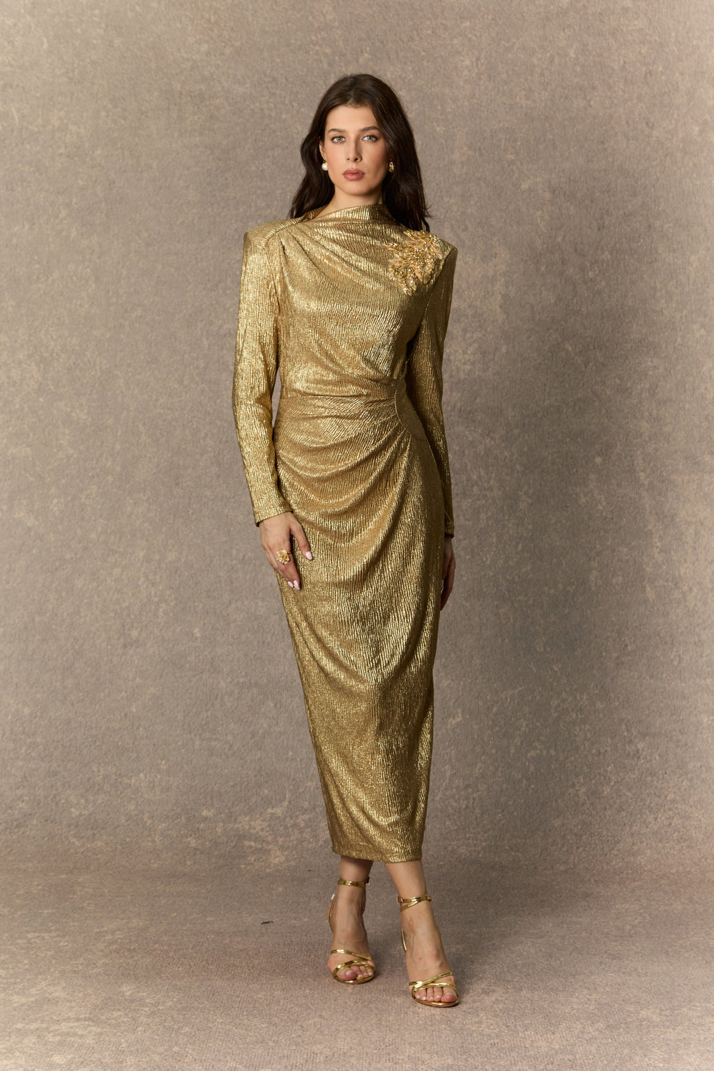 Brilliant Allure Gold Floral Embellished Midi Dress for Women - gallery
