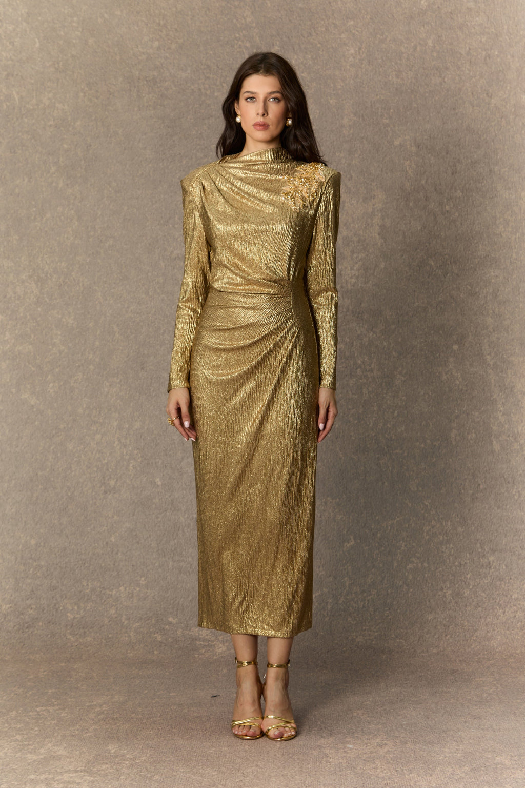 Brilliant Allure Gold Floral Embellished Midi Dress for Women