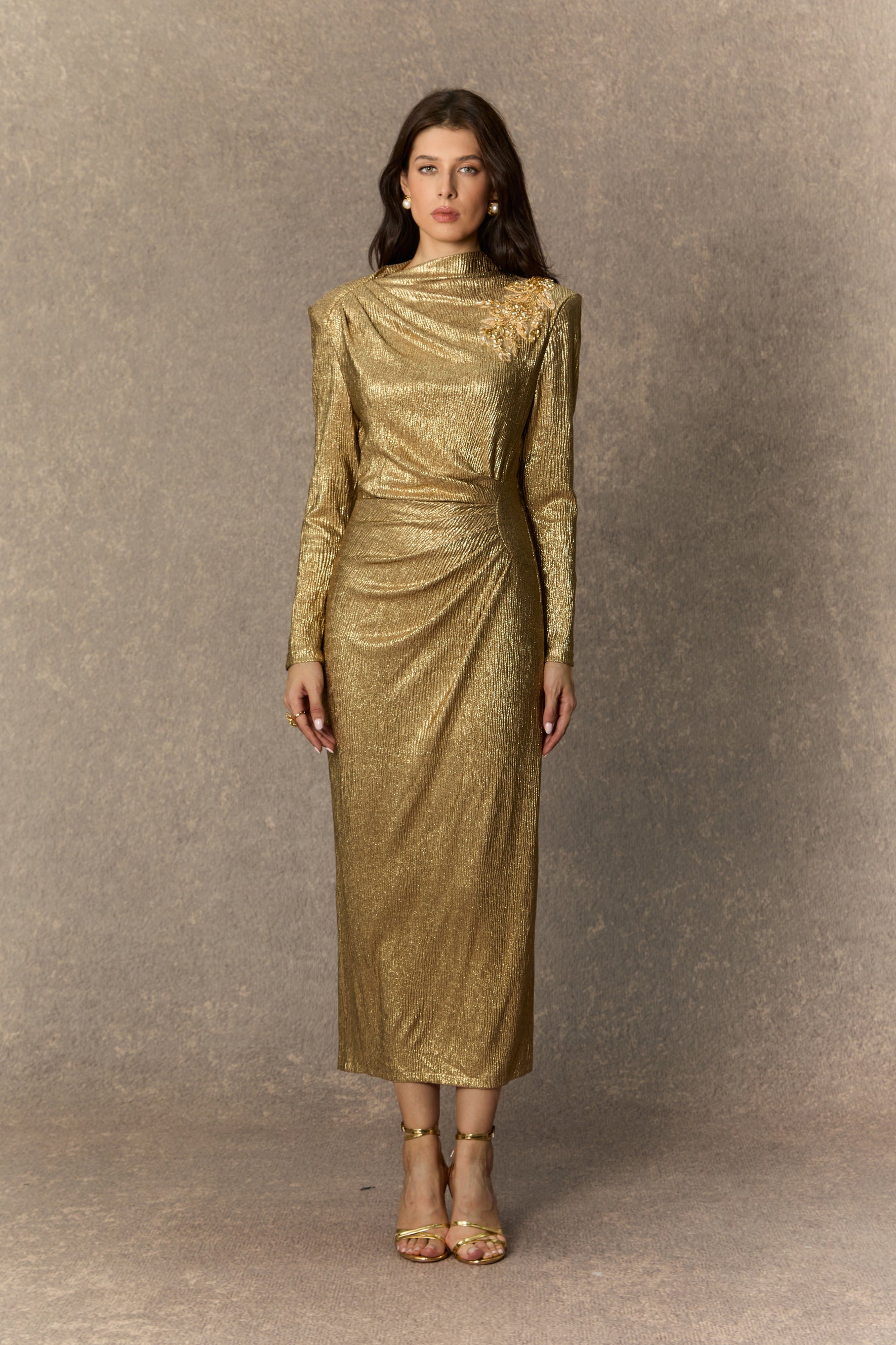 Brilliant Allure Gold Floral Embellished Midi Dress for Women