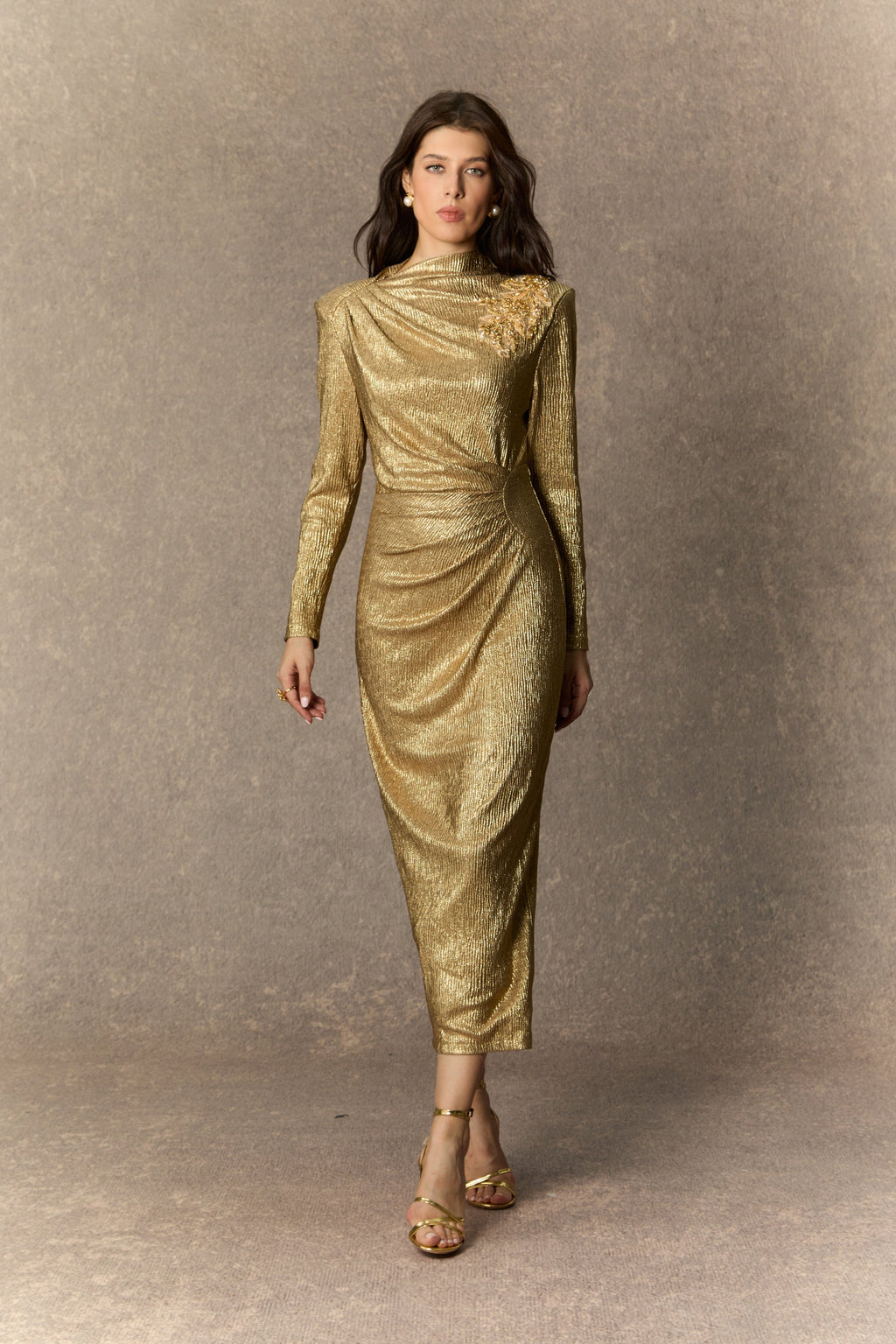 Brilliant Allure Gold Floral Embellished Midi Dress for Women - gallery