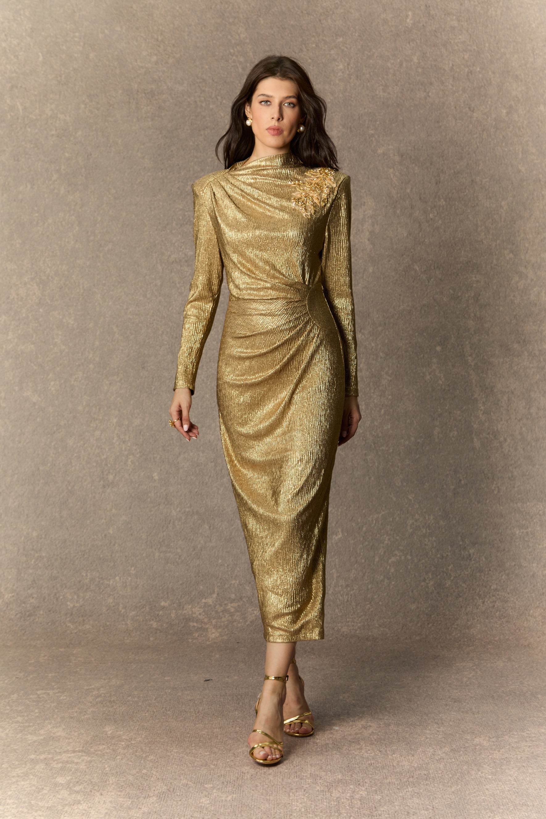 Brilliant Allure Gold Floral Embellished Midi Dress for Women - gallery
