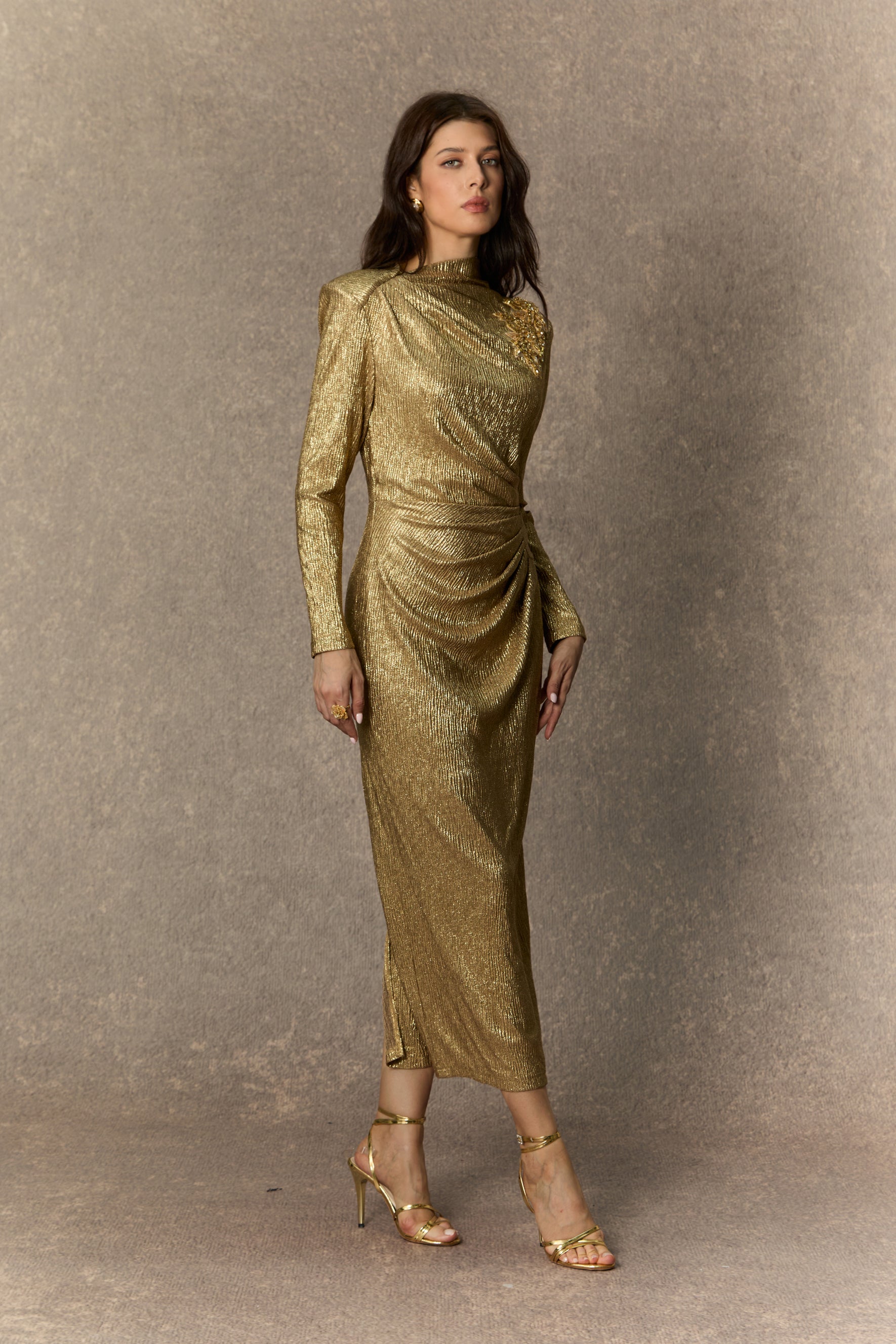 Brilliant Allure Gold Floral Embellished Midi Dress for Women - gallery