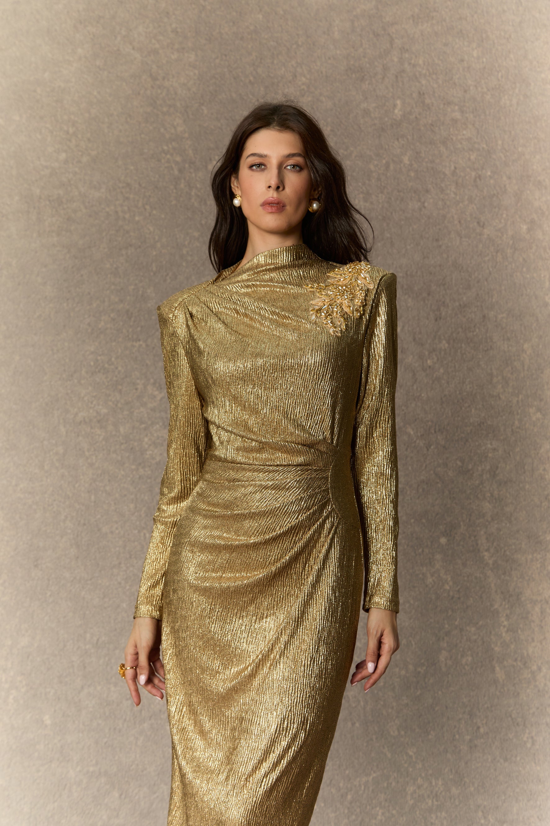 Brilliant Allure Gold Floral Embellished Midi Dress for Women - gallery