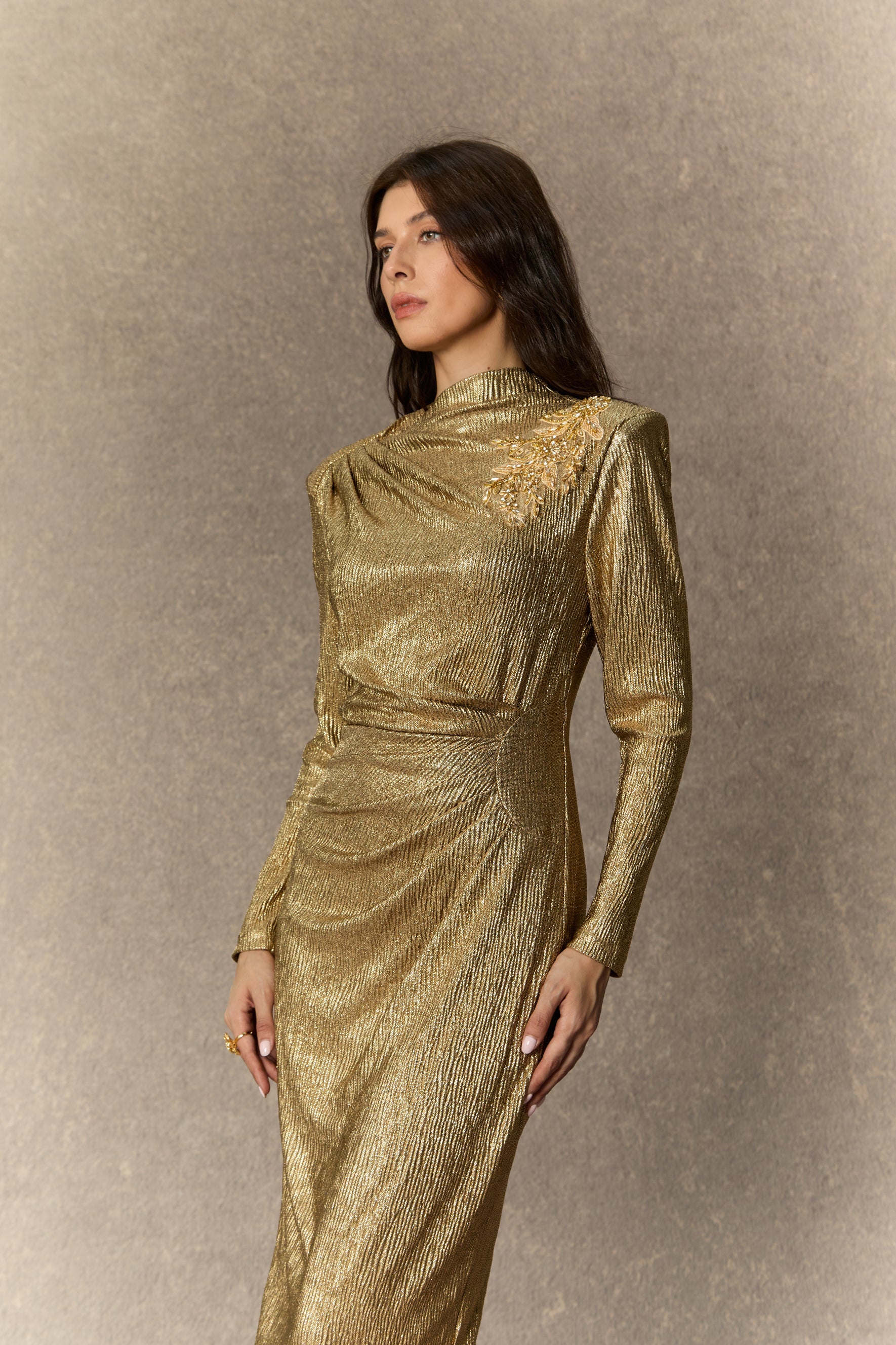 Brilliant Allure Gold Floral Embellished Midi Dress for Women - gallery