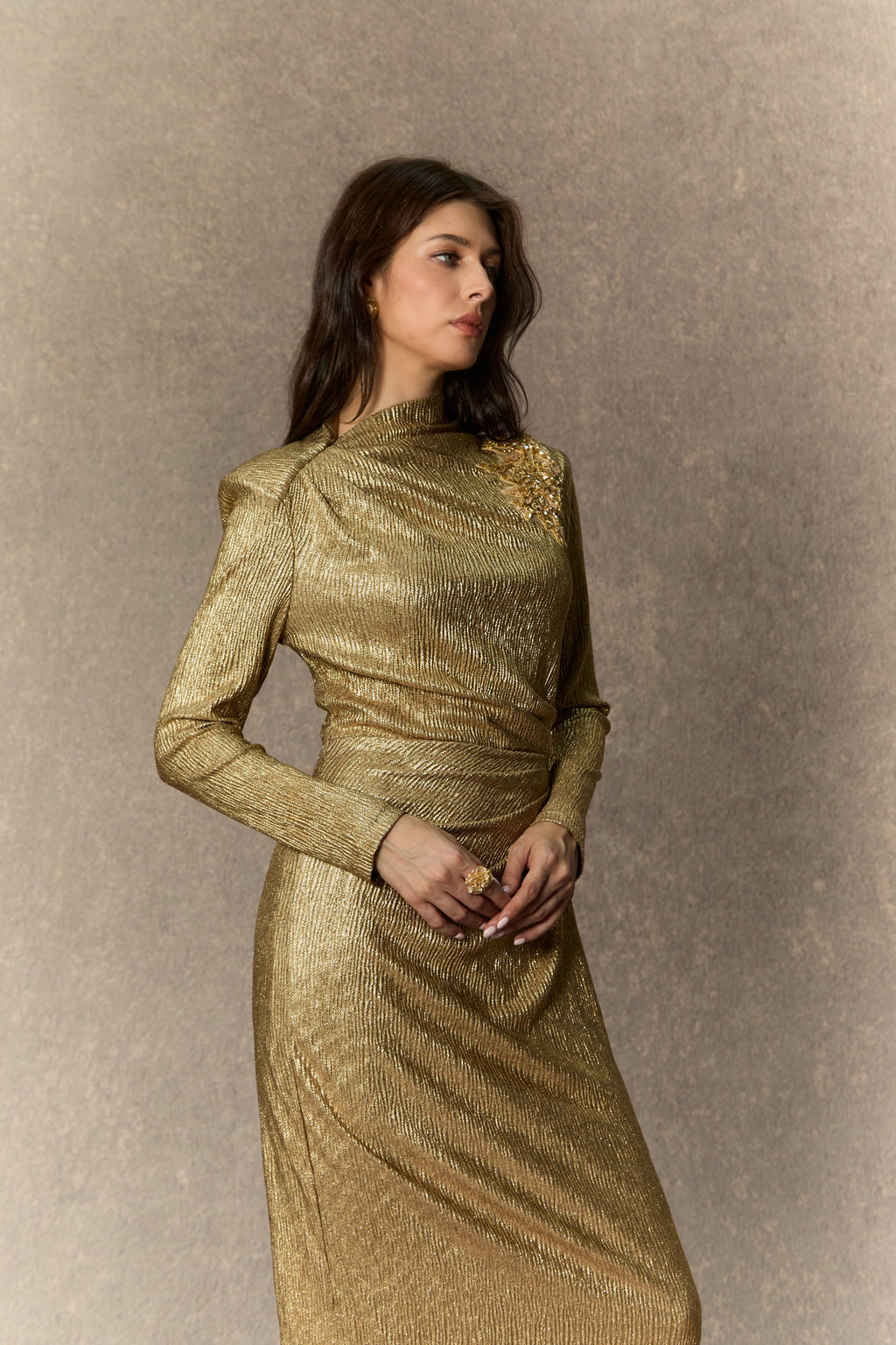 Brilliant Allure Gold Floral Embellished Midi Dress for Women - gallery