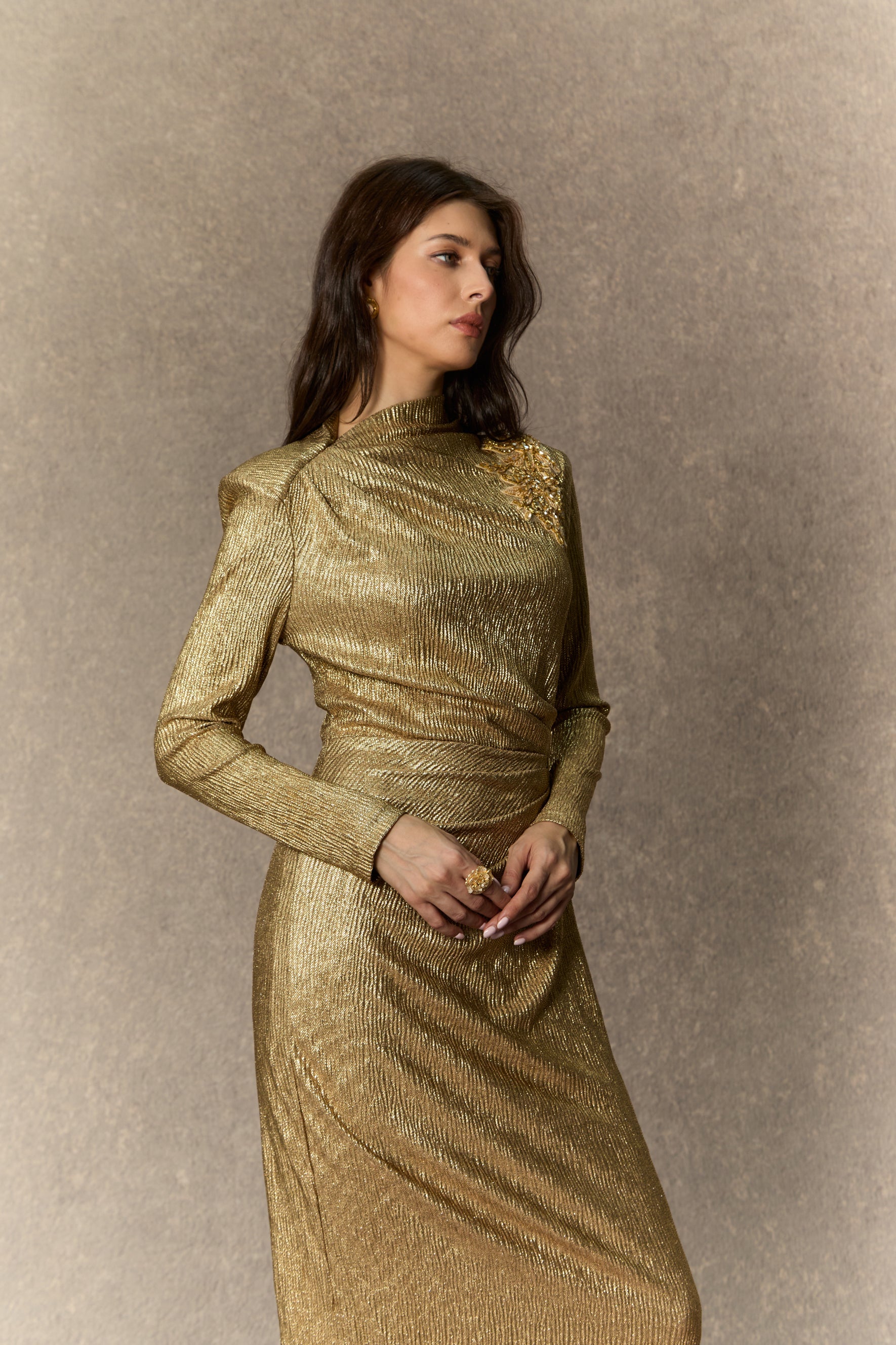 Brilliant Allure Gold Floral Embellished Midi Dress for Women - gallery
