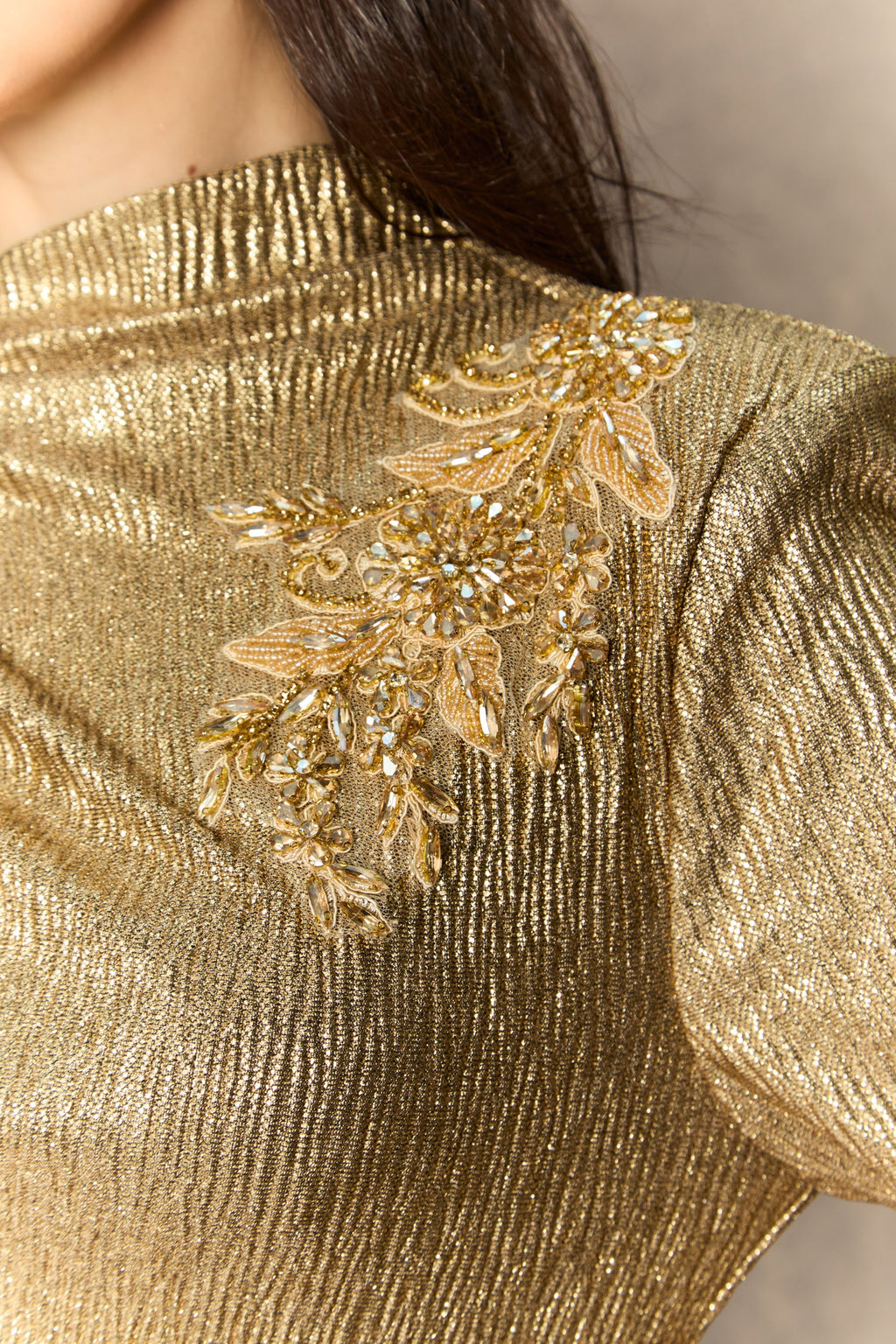 Brilliant Allure Gold Floral Embellished Midi Dress for Women - gallery
