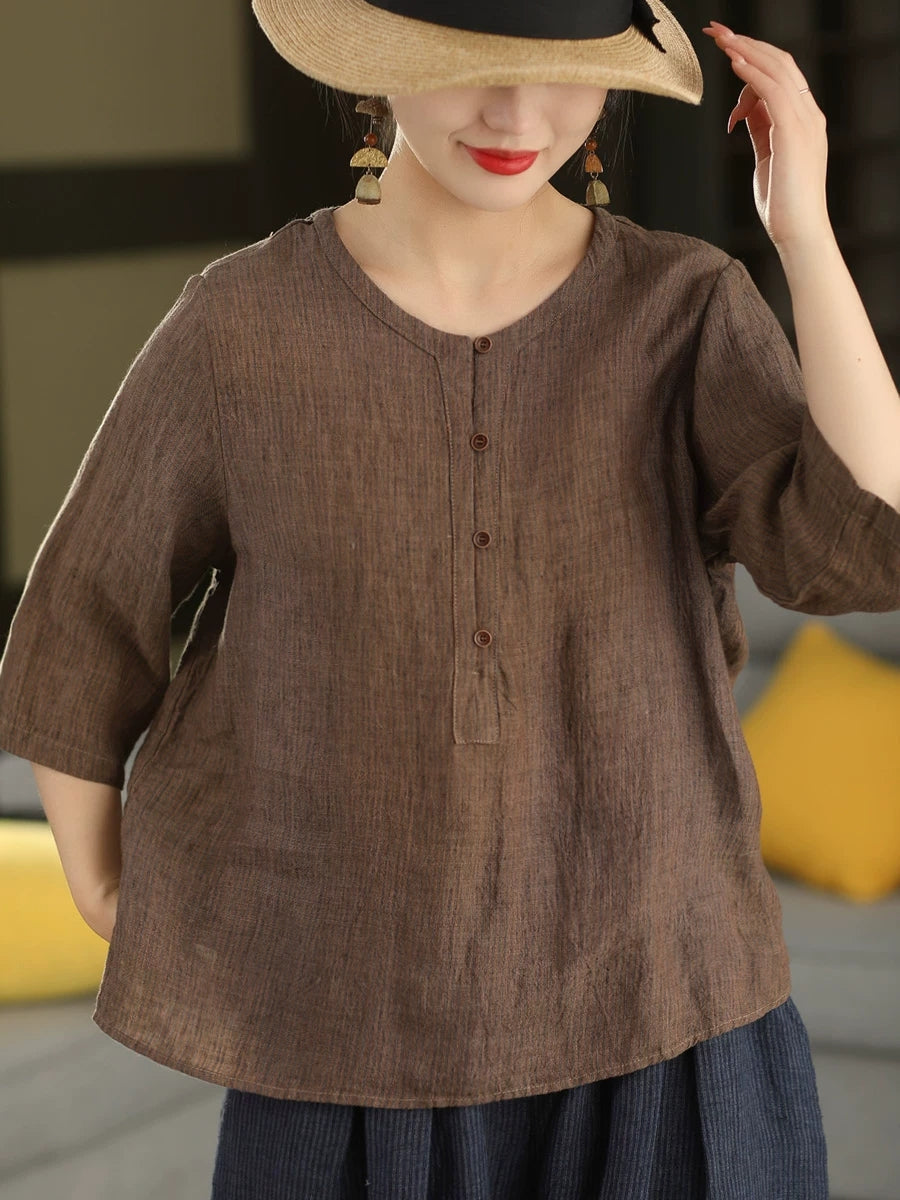 Summer Retro Stripe O-Neck Pure Linen Blouse for Women